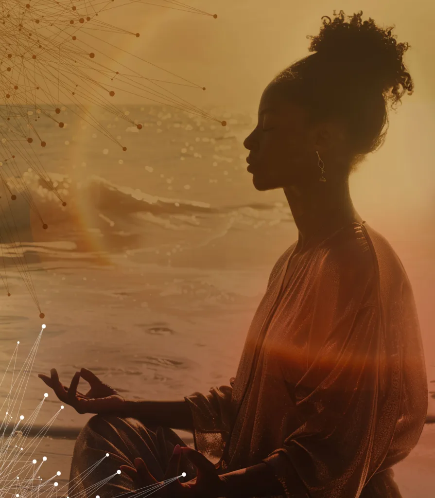 Silhueta de uma mulher meditando à beira-mar ao pôr do sol, com uma expressão serena. A luz do sol cria um brilho dourado e um efeito de arco-íris. Sobreposição de linhas sobre a foto.