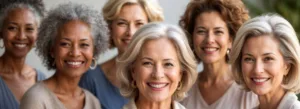 Mulheres maduras sorrindo, representando bem-estar e equilíbrio na menopausa com abordagem natural e ayurvédica