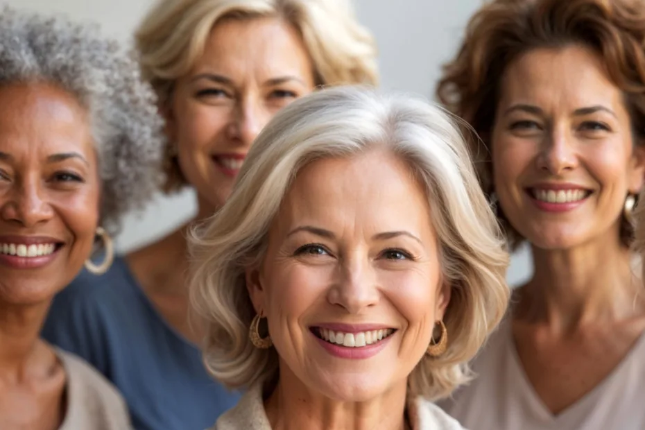 Mulheres maduras sorrindo, representando bem-estar e equilíbrio na menopausa com abordagem natural e ayurvédica