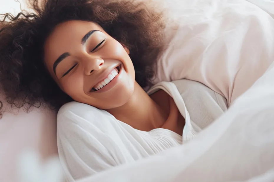 Uma mulher de cabelos cacheados está deitada na cama, sorrindo de olhos fechados, rodeada por lençóis brancos em um quarto bem iluminado.