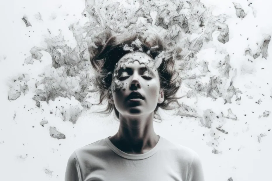 Uma mulher de camisa branca está de pé contra um fundo claro, com os olhos fechados, e o cabelo e as partículas ao redor lembram uma explosão, transmitindo uma sensação de caos e introspecção.