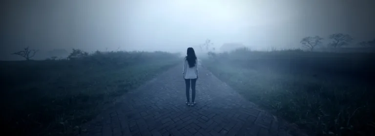 Uma figura solitária, vestindo jeans e camisa branca, está em um caminho enevoado e desolado, com grama alta em ambos os lados, evocando uma sensação de solidão e mistério.