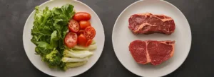 Dois pratos brancos sobre uma superfície escura. Prato da esquerda: verduras frescas, rodelas de tomate e brócolis. Prato da direita: dois bifes crus.