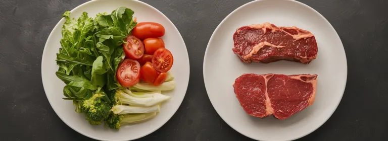 Dois pratos brancos sobre uma superfície escura. Prato da esquerda: verduras frescas, rodelas de tomate e brócolis. Prato da direita: dois bifes crus.