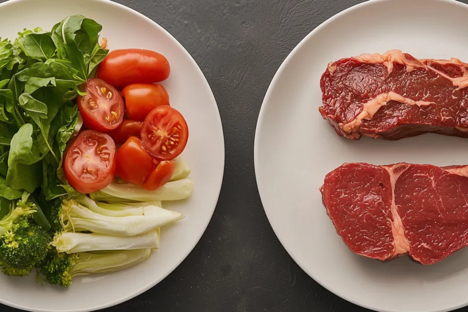 Dois pratos brancos sobre uma superfície escura. Prato da esquerda: verduras frescas, rodelas de tomate e brócolis. Prato da direita: dois bifes crus.