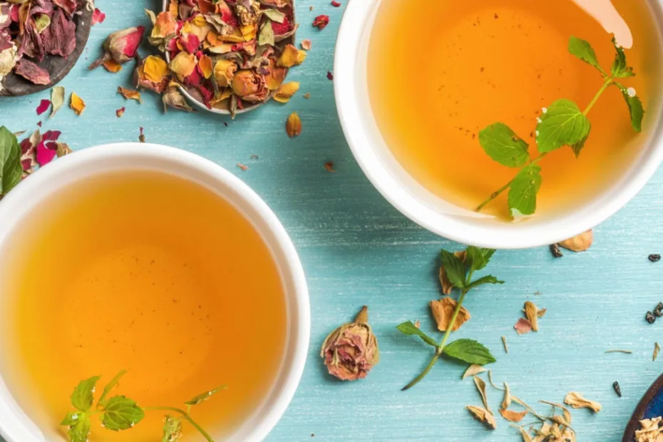 Duas xícaras de chá de ervas com folhas de hortelã sobre uma superfície de madeira azul, rodeadas por flores secas, pétalas e especiarias, criando uma cena vibrante e relaxante.
