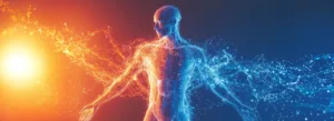 Uma figura humana digital dividida em duas metades, uma laranja vibrante e outra azul fria, simbolizando a dualidade, destaca-se contra um fundo escuro, evocando uma sensação de equilíbrio e energia.
