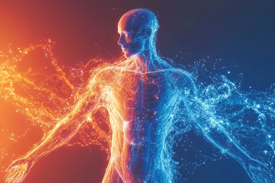 Uma figura humana digital dividida em duas metades, uma laranja vibrante e outra azul fria, simbolizando a dualidade, destaca-se contra um fundo escuro, evocando uma sensação de equilíbrio e energia.