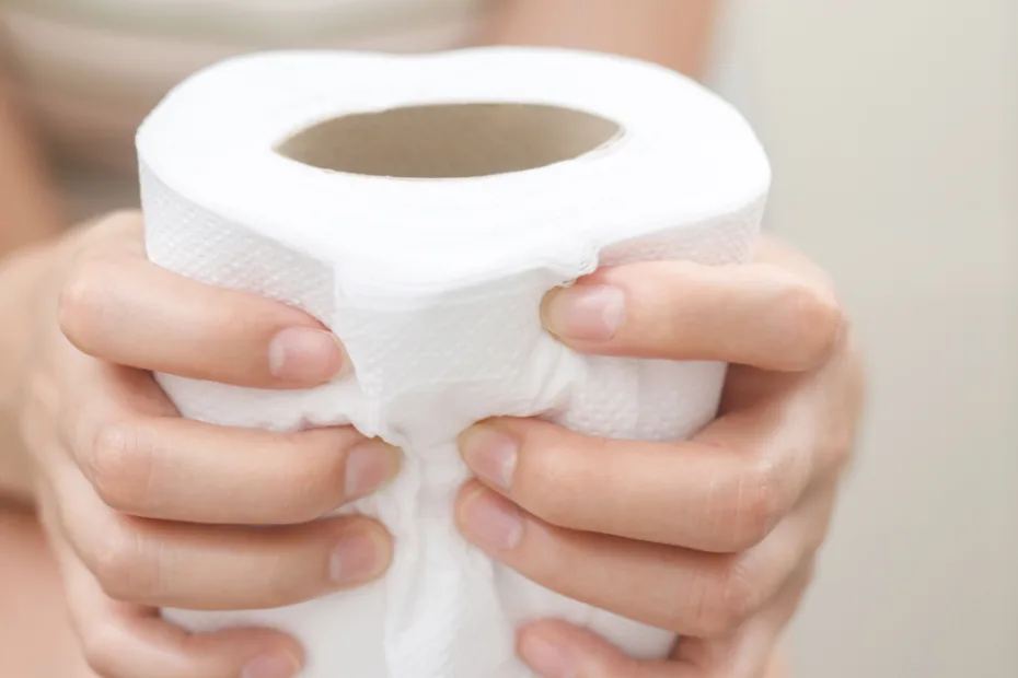 Pessoa sentada segurando um rolo de papel higiênico com as duas mãos; camisa listrada visível, rosto não mostrado.