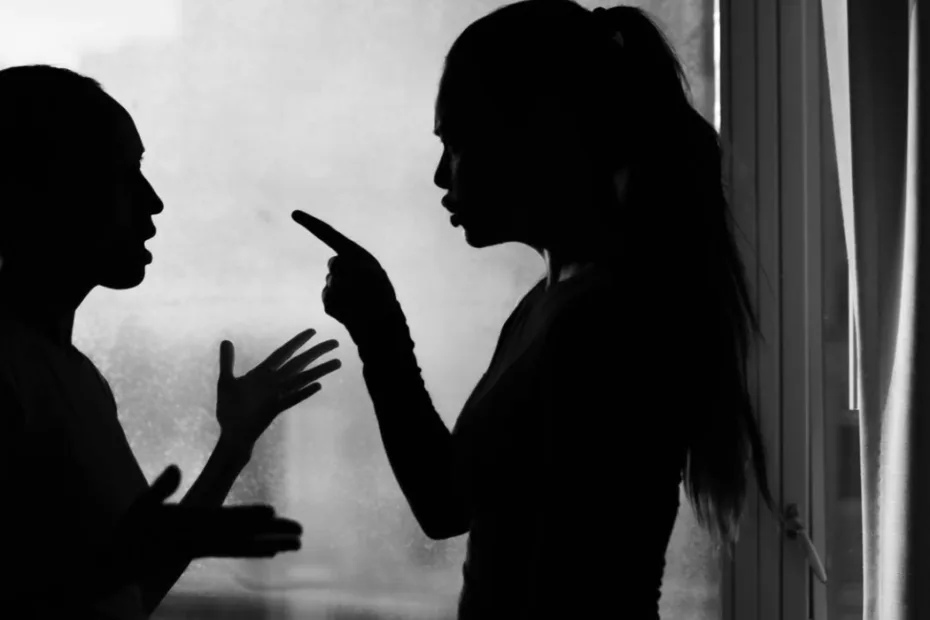 Silhuetas de duas mulheres frente a frente diante de uma janela, em aparente discussão. Uma aponta o dedo para a outra, que gesticula com as mãos abertas.