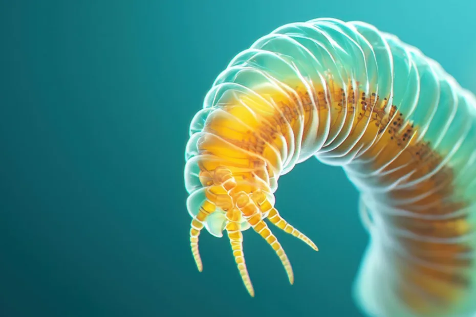 Imagem ilustrativa ampliada de um parasita com corpo alongado e translúcido, em tons de amarelo e verde, sobre fundo azul-esverdeado.